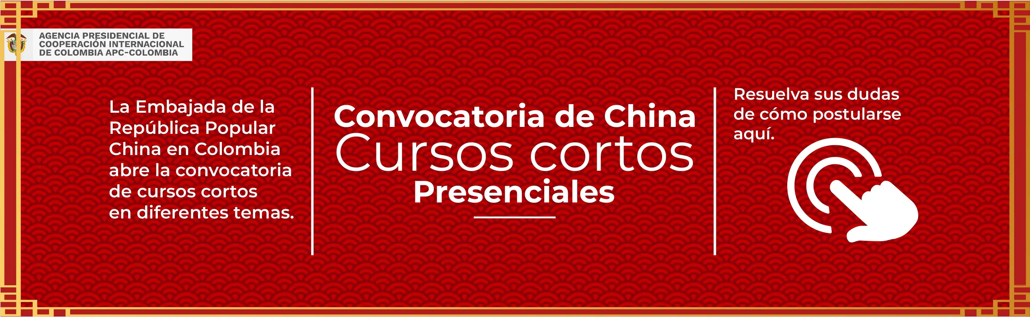 Fondo rojo, en letras blancas: "Convocatoria cursos cortos presenciales de China, click aquí para saber como participar"