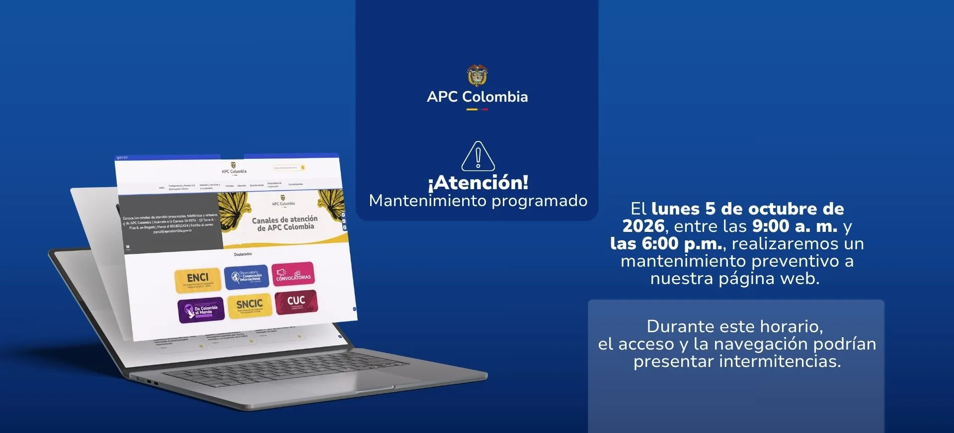 Mantenimiento de página de la entidad el lunes 5 de octubre, se presentara intermitencias