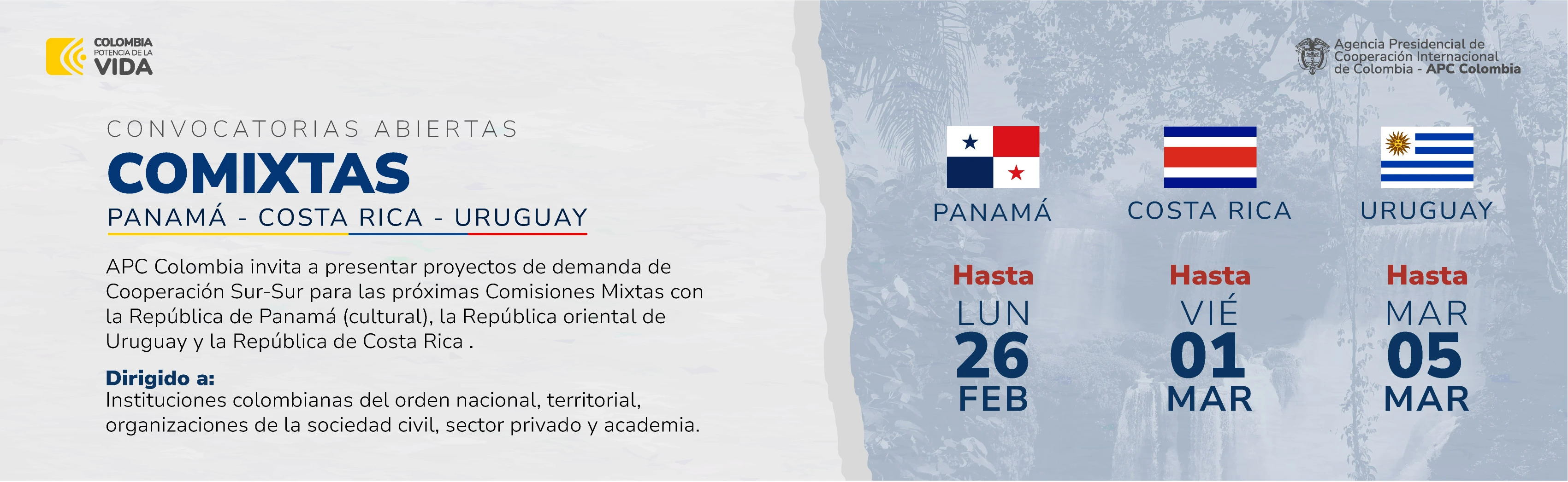 Convocatoria abierta para presentar proyectos en las Comixtas entre Colombia y Costa Rica, Panamá y Uruguay