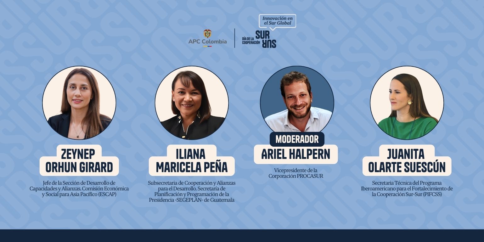 Foto y nombre del moderador: Ariel Halpern, Vicepresidente de la Corporación PROCASUR. Y de los panelista: Iliana Maricela Peña, Subsecretaria de Cooperación y Alianzas para el Desarrollo. Secretaría de Planificación y Programación de la Presidencia -SEGEPLAN- de Guatemala. Zeynep Orhun Girard, Jefe de la Sección de Desarrollo de Capacidades y Alianzas. Comisión Económica y Social para Asia Pacífico (ESCAP). Juanita Olarte Suescún, ecretaria Técnica del Programa Iberoamericano para el Fortalecimiento de la Cooperación Sur-Sur (PIFCSS)