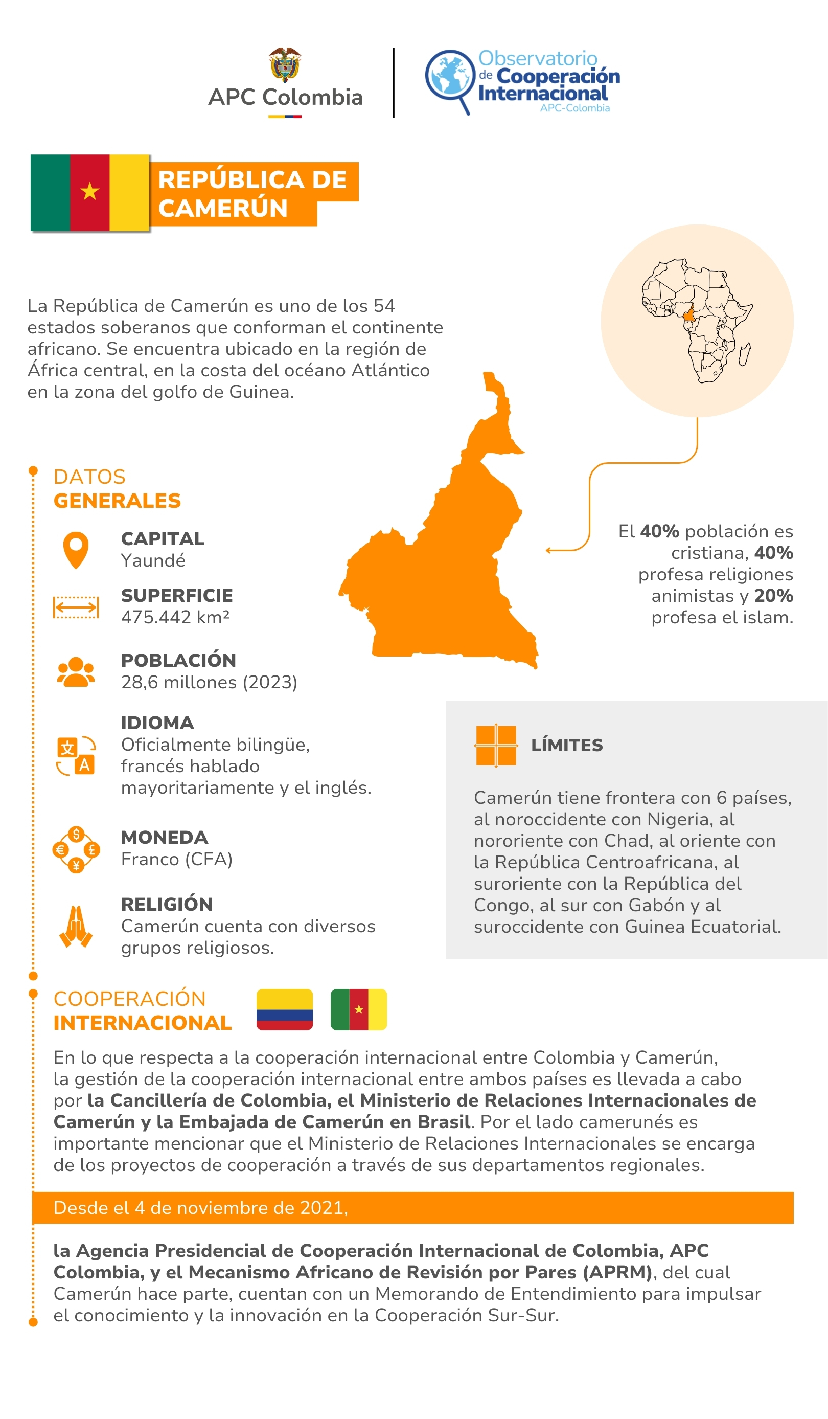 La República de Camerún es uno de los 54 estados soberanos que conforman el continente africano. Está ubicado en la región central de África, en la costa del océano Atlántico, específicamente en la zona del golfo de Guinea