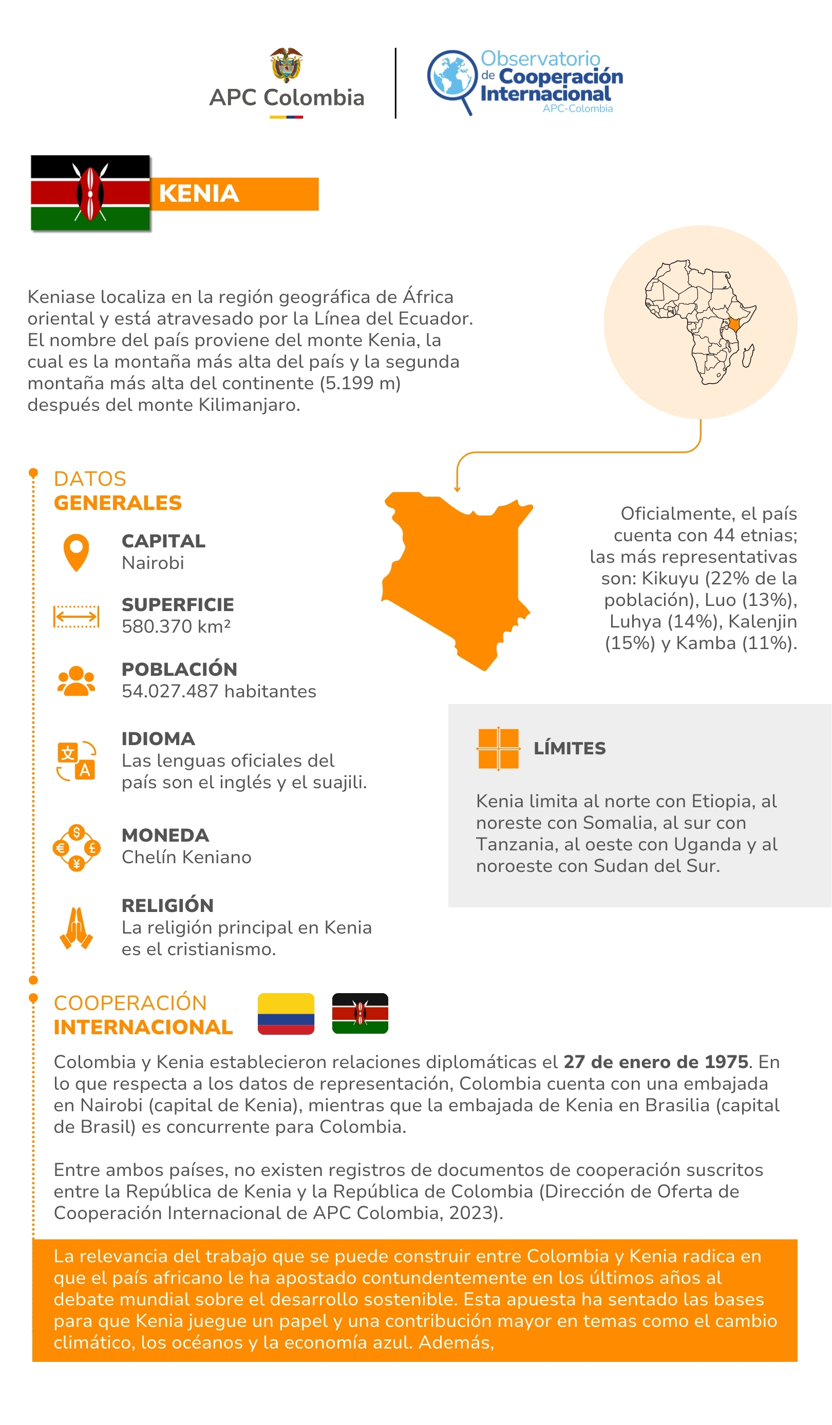 Kenia es uno de los 54 estados que conforman el continente africano. Se localiza en la región geográfica de África oriental y está atravesado por la Línea del Ecuador. El nombre del país proviene del monte Kenia