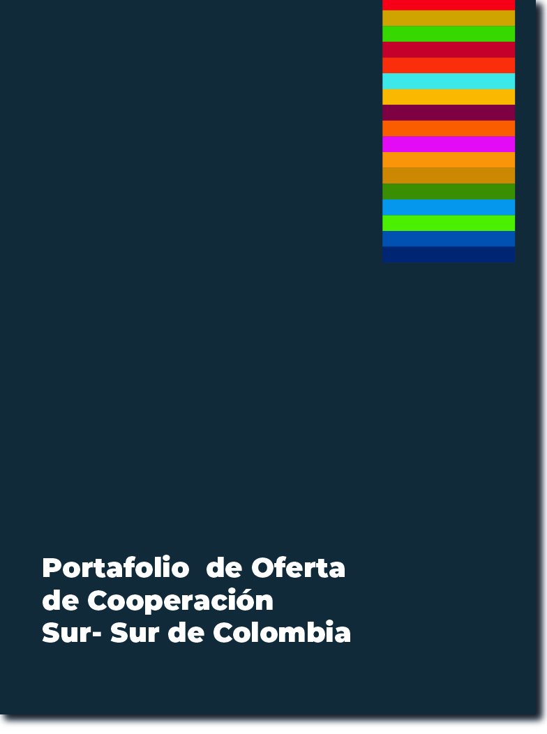 Porta fondo azul oscuro, arriba a la derecha los colores de los ODS, abajo el nombre el nombre, Portafolio de Oferta de cooperación internacional