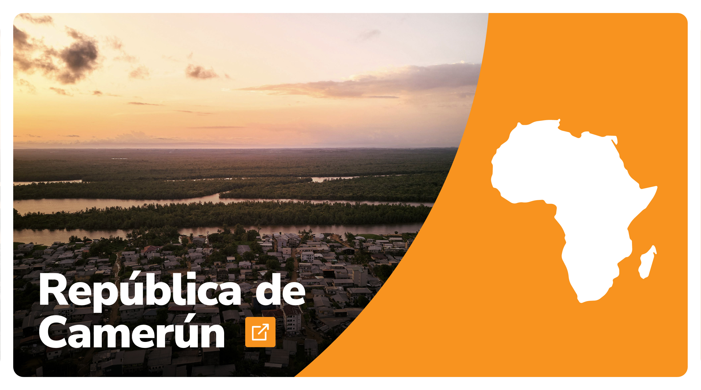 A la derecha un paisaje de Camerún, abajo a la derecha el hombre del país, a la derecha el fondo naranja y mapa de África de color Blanco