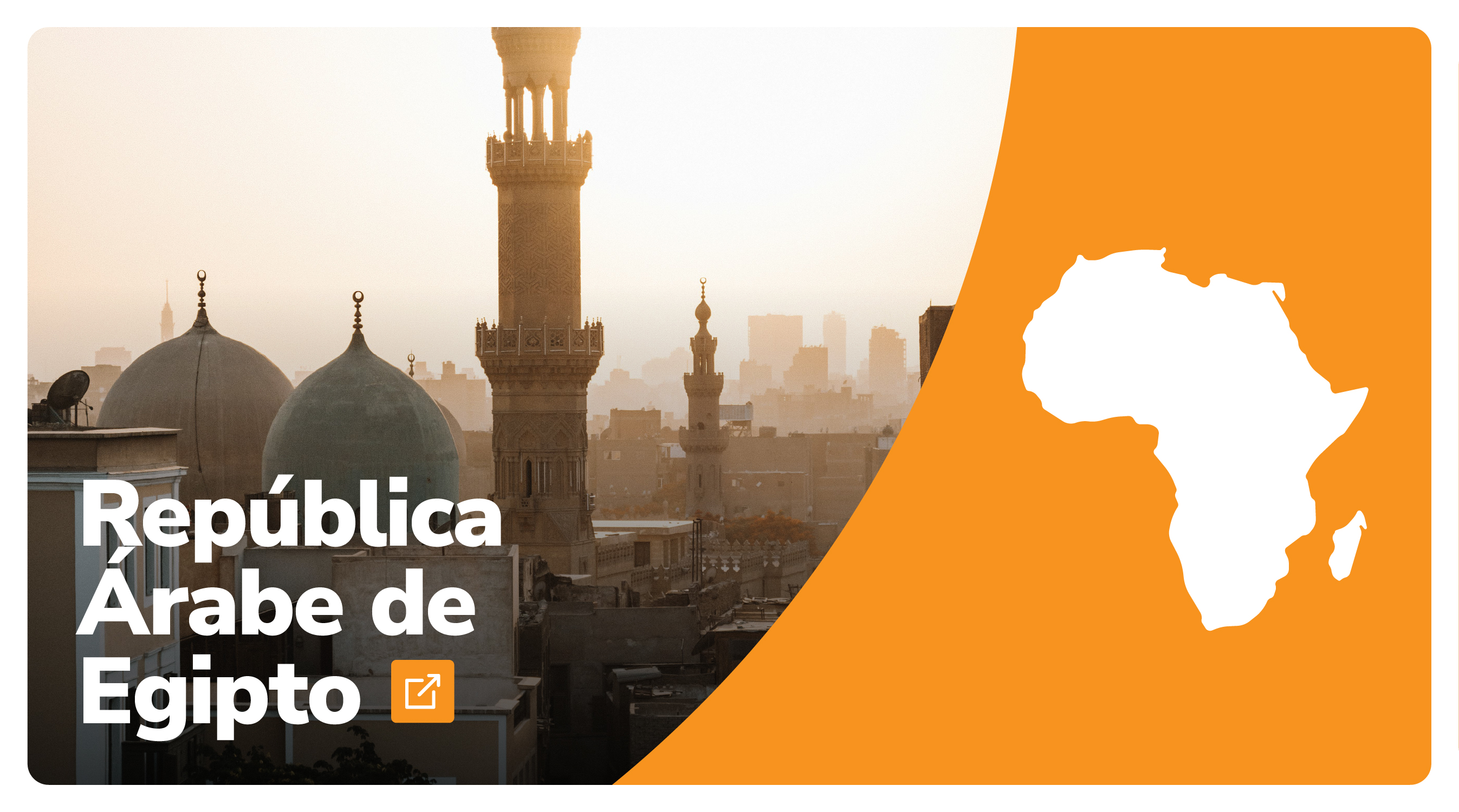 A la derecha un paisaje de Egipto, abajo a la derecha el hombre del país, a la derecha el fondo naranja y mapa de África de color Blanco