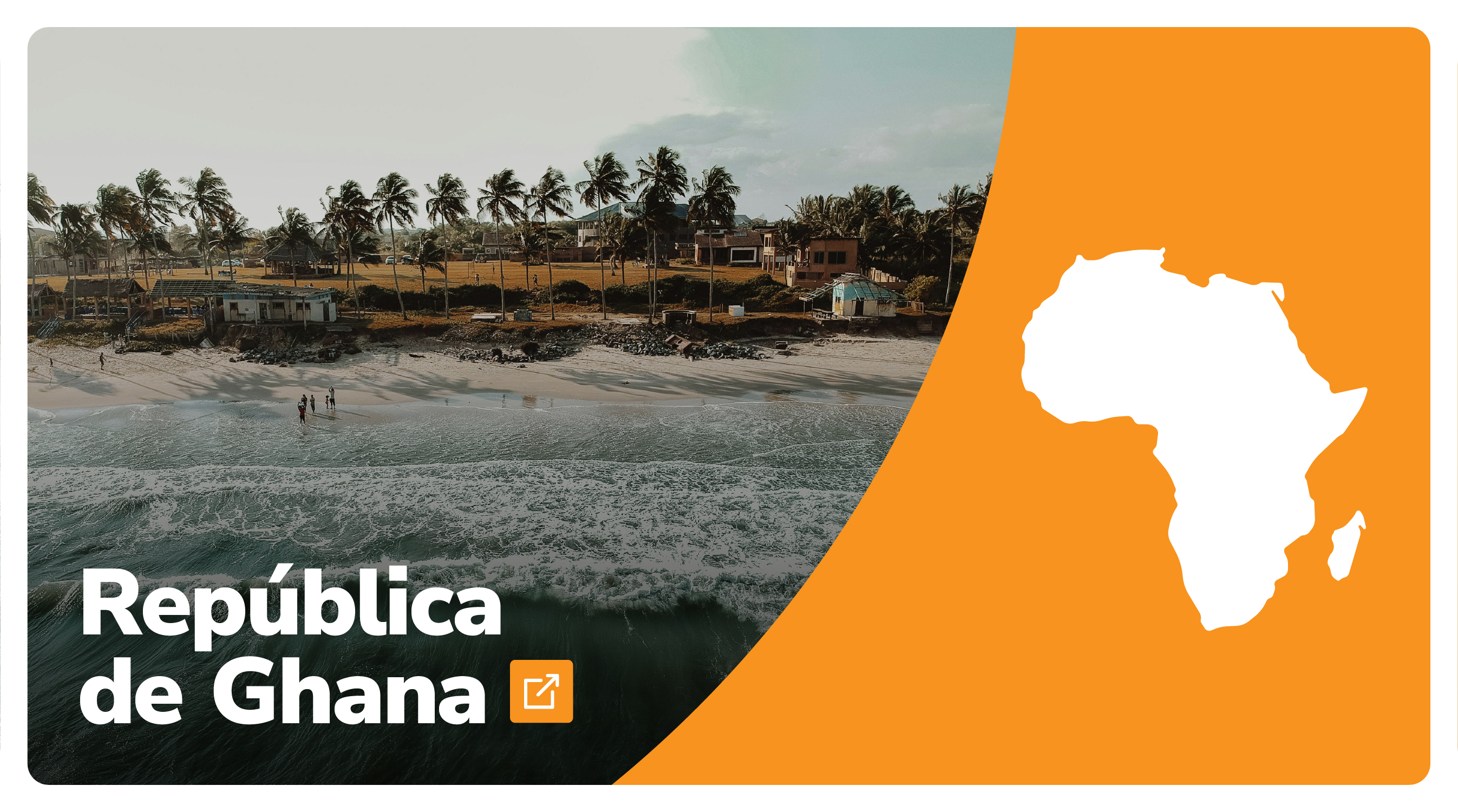 A la derecha un paisaje de Ghana, abajo a la derecha el hombre del país, a la derecha el fondo naranja y mapa de África de color Blanco