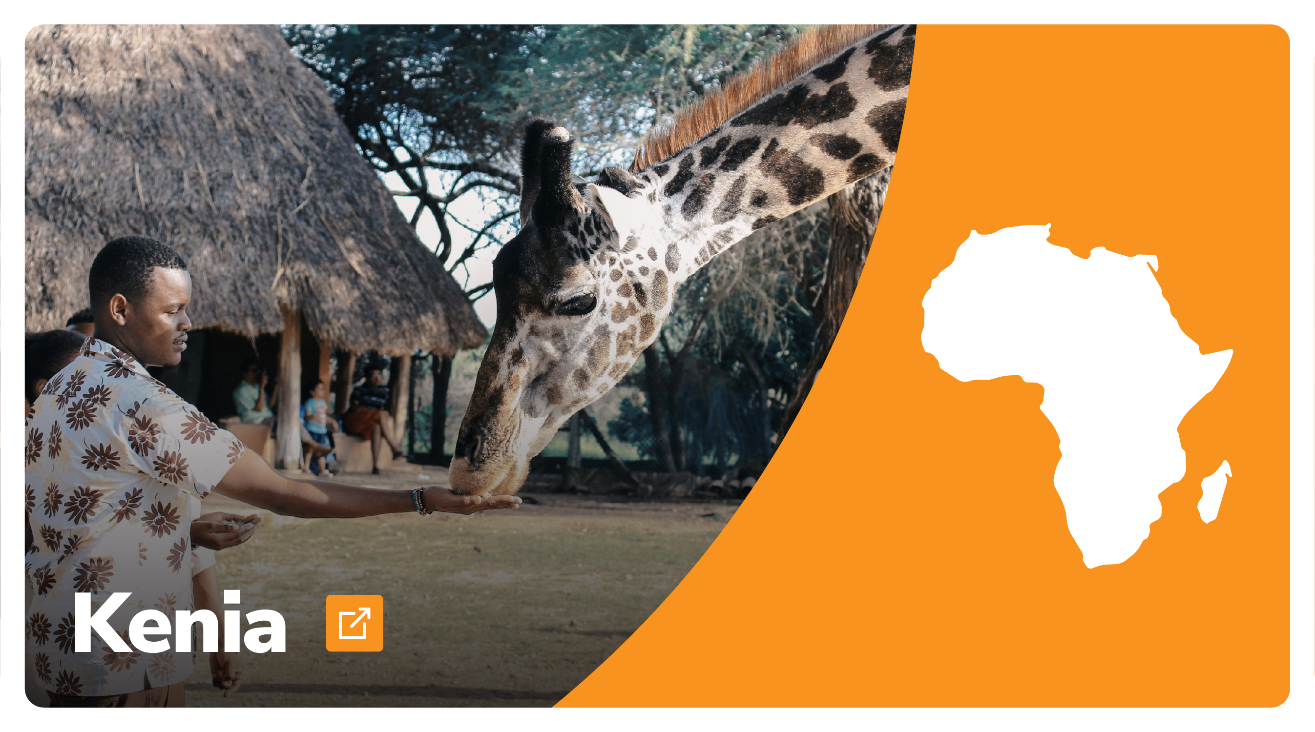 A la derecha un paisaje de Kenia, abajo a la derecha el hombre del país, a la derecha el fondo naranja y mapa de África de color Blanco