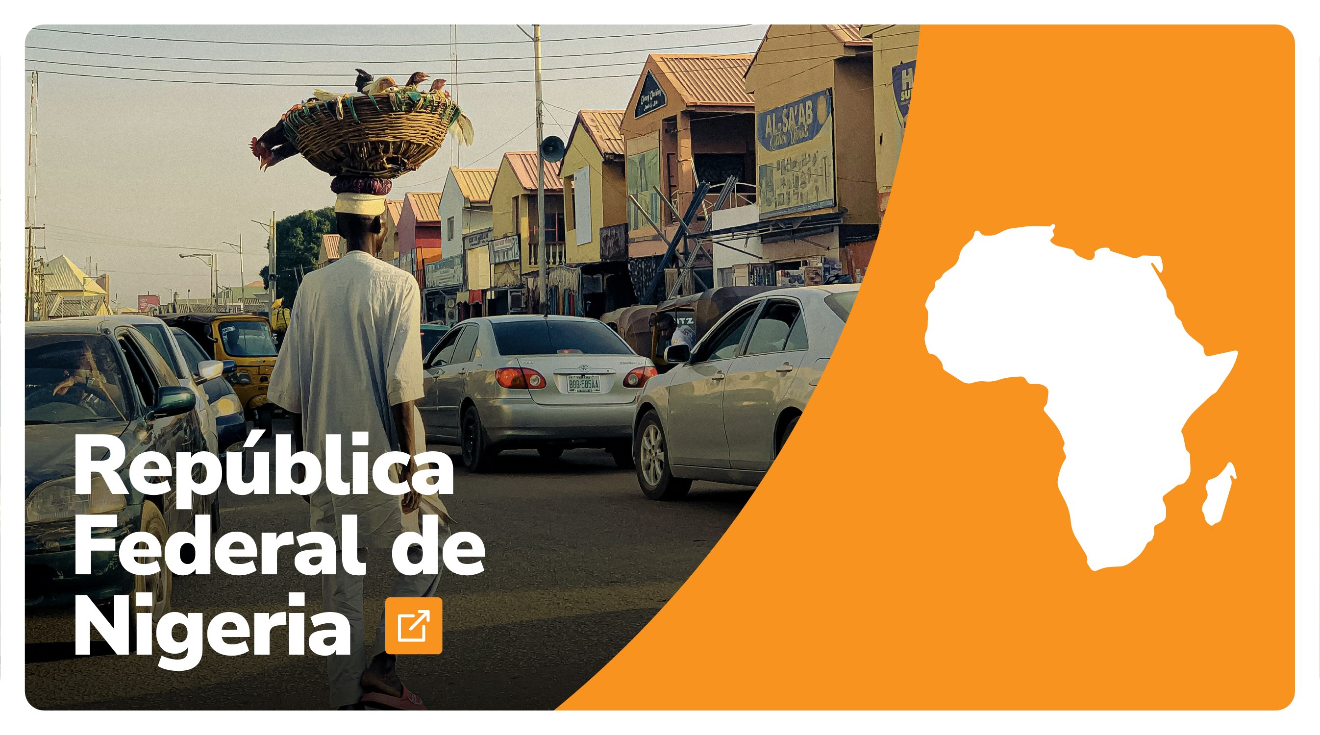 A la derecha un paisaje de Nigeria, abajo a la derecha el hombre del país, a la derecha el fondo naranja y mapa de África de color Blanco