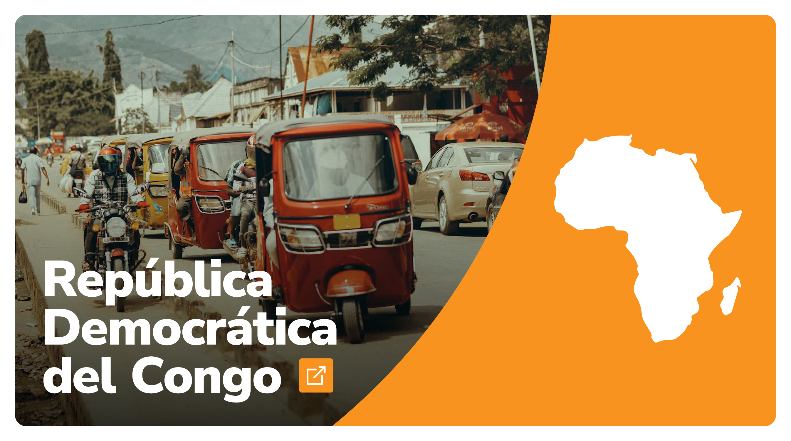 A la derecha un paisaje de República Democrática del Congo, abajo a la derecha el hombre del país, a la derecha el fondo naranja y mapa de África de color Blanco
