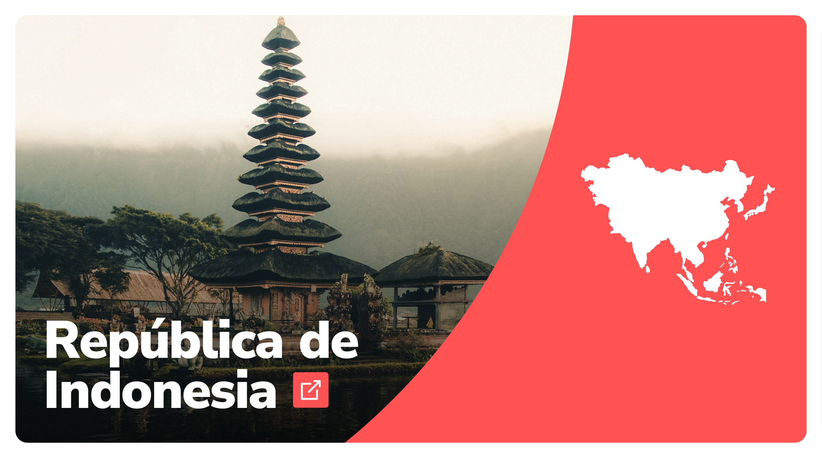 A la izquierda un paisaje de Indonesia, abajo a la izquierda el nombre del país, a la derecha fondo rojo y en blanco el mapa de Asia