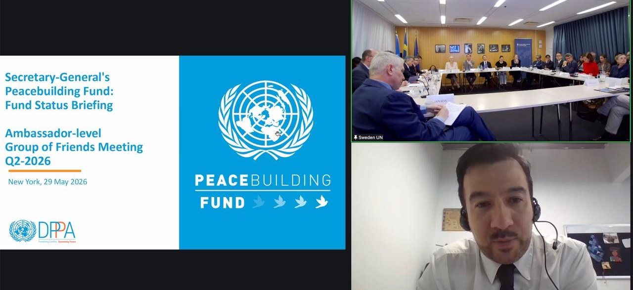 Captura de pantalla de la reunión del Grupo de Amigos del Fondo para la Consolidación de la Paz (Peacebuilding Fund – PBF)