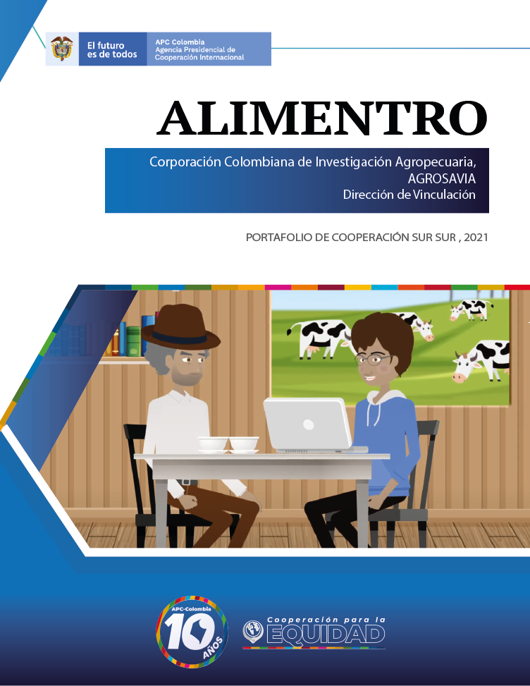 Portada de la cartilla AlimenTro en la parte de arriba a la izquierda el logo de APC-Colombia, abajo el logo de diez años de APC-Colombia en el medio el dibujo de dos personas sentadas