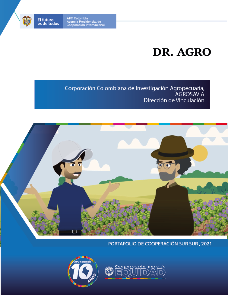 Portada de la cartilla Dr. Agro, en la parte de arriba a la izquierda el logo de APC-Colombia, abajo el logo de los diez años de APC-Colombia, en el medio el dibujo de dos personas