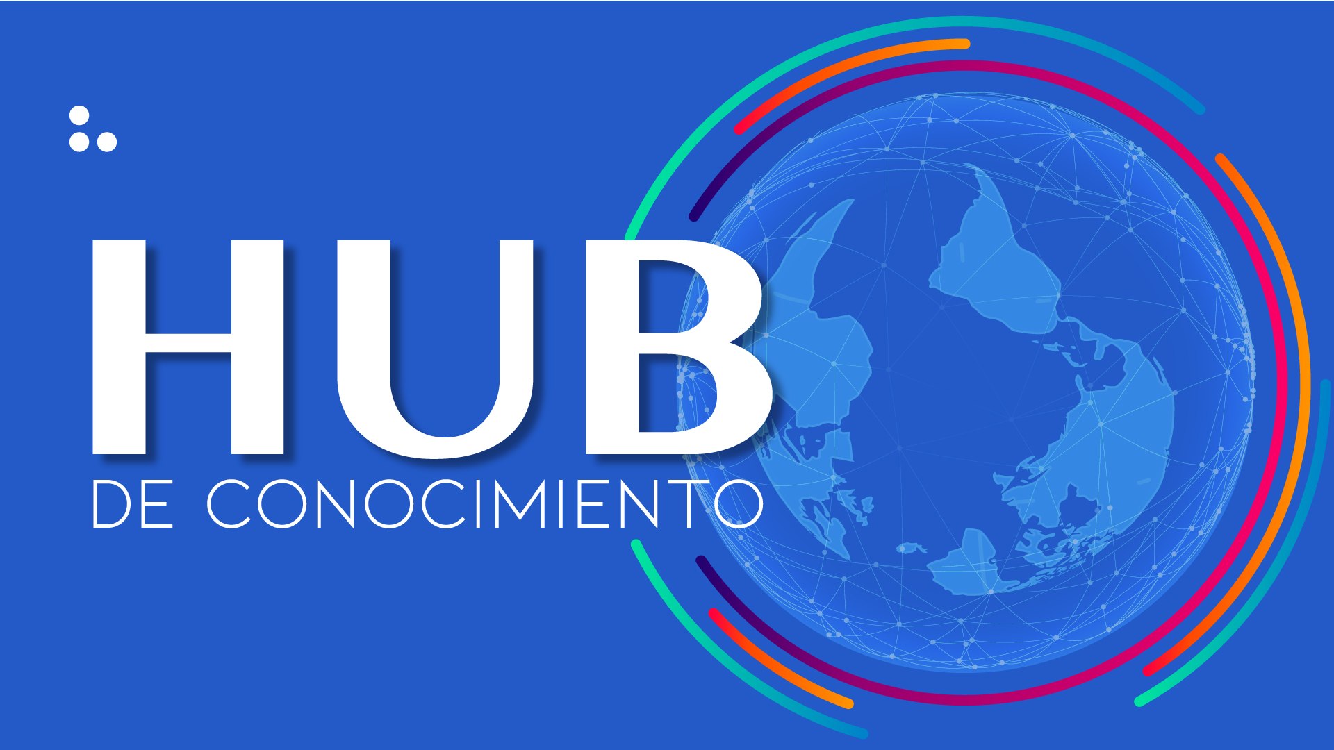 Logo del Hub de Conocimiento, fondo azul, a la izquierda en letras Hub de conocimiento, a la derecha un mapa del planeta al revés en un circulo de tres colores