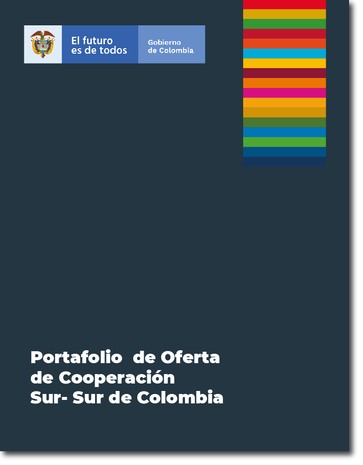 Portada fondo azul, logo del gobierno en la parte arriba ala izquierda, en la parte de arriba a la derecha franjas de colores y abajo el nombre del documento "Portafolio de Oferta de Cooperación Sur-Sur de Colombia"