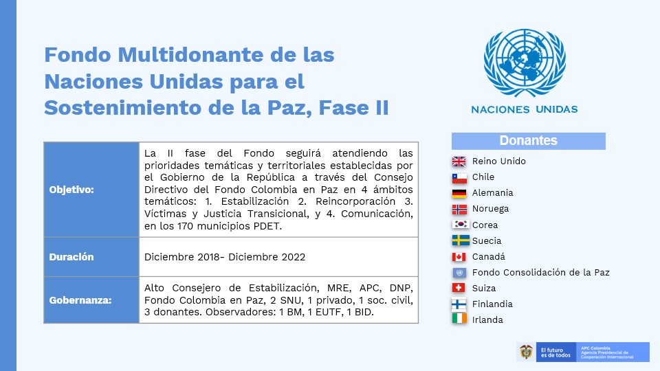 Fondo Multidonante de las Naciones Unidas para el Sostenimiento de la Paz, Fase II​. Objetivo: La II fase del Fondo seguirá atendiendo las prioridades temáticas y territoriales establecidas por el Gobierno de la República a través del Consejo Directivo del Fondo Colombia en Paz en 4 ámbitos temáticos: 1. Estabilización 2. Reincorporación 3. Víctimas y Justicia Transicional, y 4. Comunicación, en los 170 municipios PDET. Duración: Diciembre 2018- Diciembre 2022​