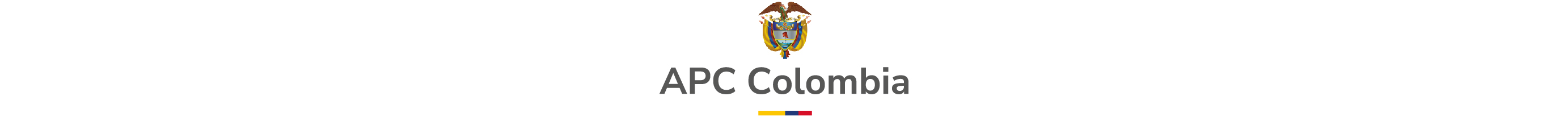 Logo del de APC Colombia, en la parte de arriba el escudo de Colombia, abajo la APC Colombia, abajo tres franjas con los colores de la bandera de Colombia