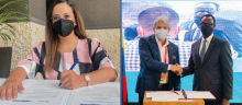 A la izquierda la directora de APC-Colombia, Viviana Manrique Zuluaga firmando, a la derecha el embajador de Colombia en Emiratos Árabes Unidos, Jaime Amín Hernández y Emmanuel Hategeka, embajador de Ruanda en Emiratos árabes Unidos de la mano