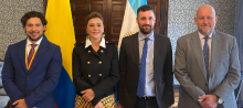 La directora general de la Agencia Presidencial de Cooperación Internacional de Colombia, APC-Colombia, Eleonora Betancur González, el jefe de gabinete de APC-Colombia, Jhonnatan Gamboa, el embajador de Argentina en Colombia y el director nacional de cooperación internacional de Argentina