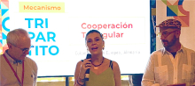 La directora general de APC-Colombia, Eleonora Betancur González con Cristoff de GIZ y un representante de la Unión Europea