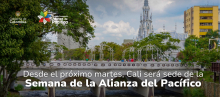 Foto del puente del puente del parque principal de Cali, abajo el titulo de la nota, arriba a la izquierda el logo de APC Colombia y el logo de la Alianza del Pacífico